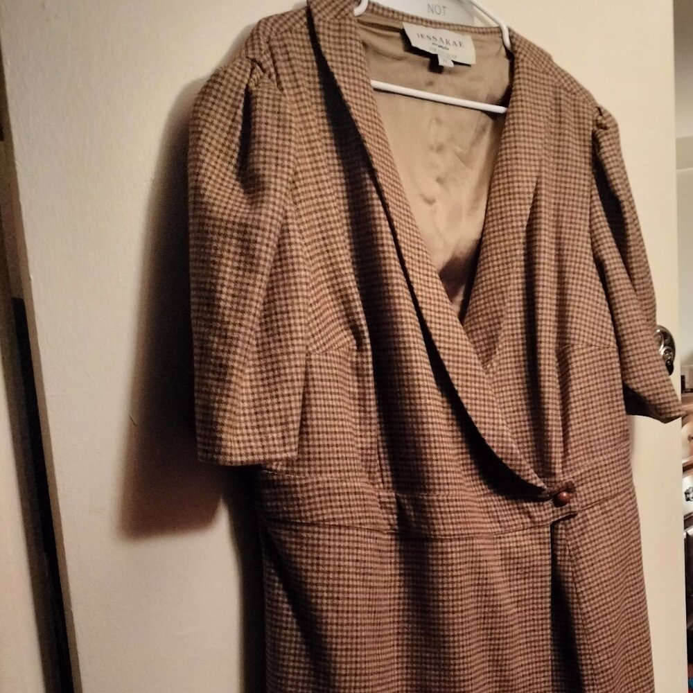 JessaKae Oakley Fox Group 3X EUC Brown Wool Tweed Wrap Dress